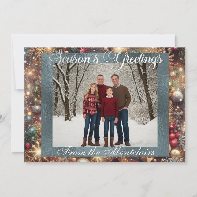 Ornaments, Silver Script & Framed Photo - Silver Holiday Card (Front)