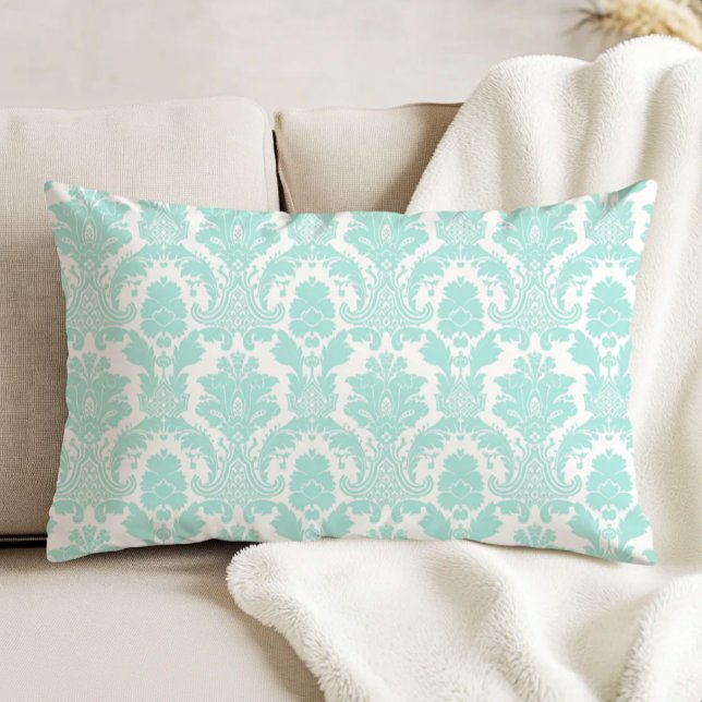 Ornate Antique Damask Pattern Aqua on White Decorative Cushion (Creator Uploaded)