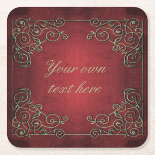 Ornate Antique Red and Gold Custom Text Square Paper Coaster