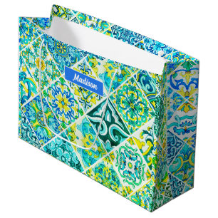 Ornate Aqua Mint Mediterranean Tile Mosaic Large Gift Bag