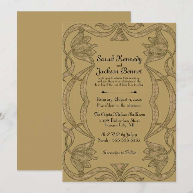 Ornate Art Nouveau Black and Gold Elegant Wedding Invitation (Front/Back)