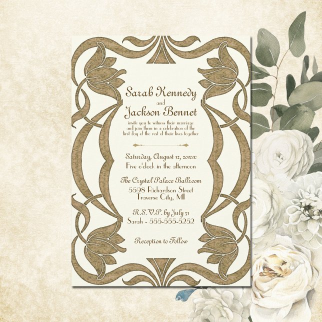 Ornate Art Nouveau Ivory and Gold Elegant Wedding Invitation (This elegant Art Nouveau wedding invite combines sinuous lines and stylized floral motifs.)