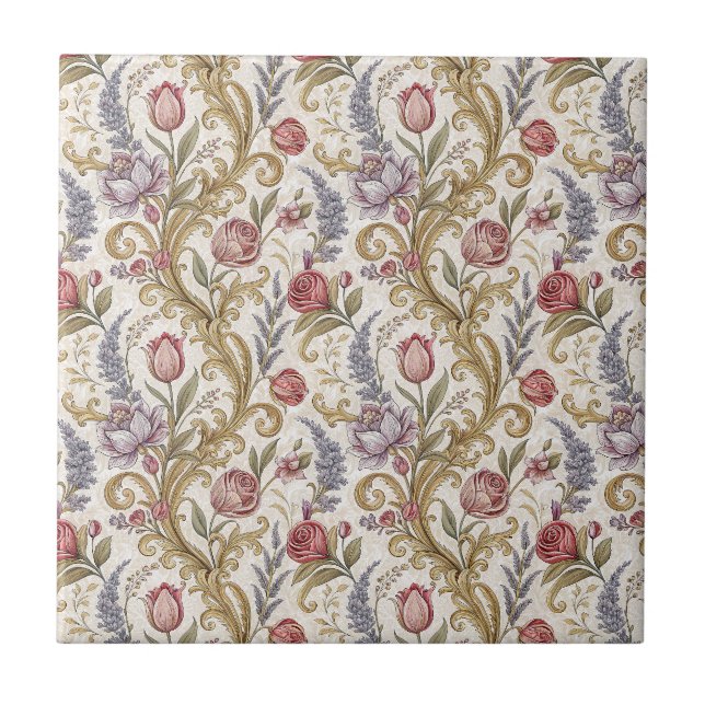 Ornate Baroque Floral Damask Design Pattern Art Tile (Front)