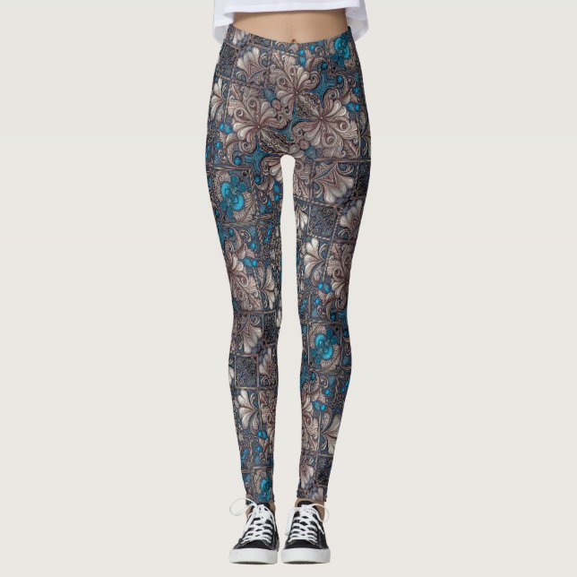 Ornate baroque floral pattern print leggings (Front)