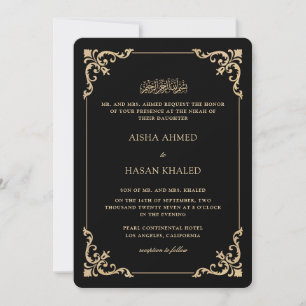 Ornate Baroque Frame Gold Black Nikah Ceremony Invitation