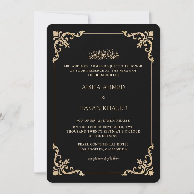Ornate Baroque Frame Gold Black Nikah Ceremony Invitation (Front)