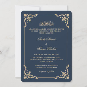 Ornate Baroque Frame Navy Blue Nikah Ceremony Invitation