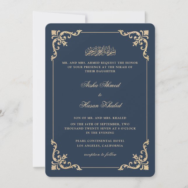 Ornate Baroque Frame Navy Blue Nikah Ceremony Invitation (Front)