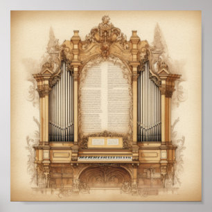 Ornate Baroque Pipe Organ with Vintage Script Poster
