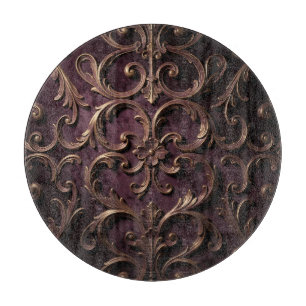 Ornate Baroque Scroll Pattern Deep Purple Gold Cutting Board