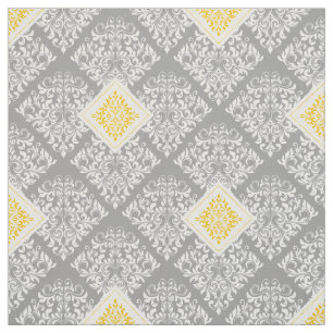 ornate baroque yellow grey Damask Fabric