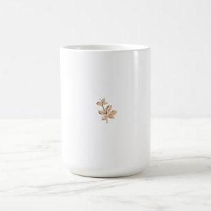 Ornate beige and brown leaf design on a stem with coffee mug