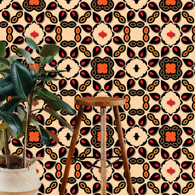 Ornate Beige Red Black Floral Geometric Pattern Wallpaper (Creator Uploaded)
