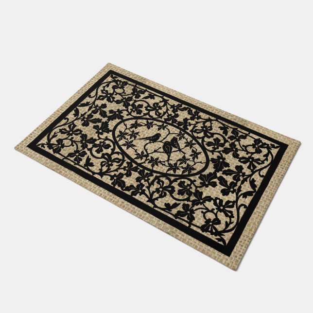 Ornate Bird Trio Black and Tan Woodwork Doormat (Angled)