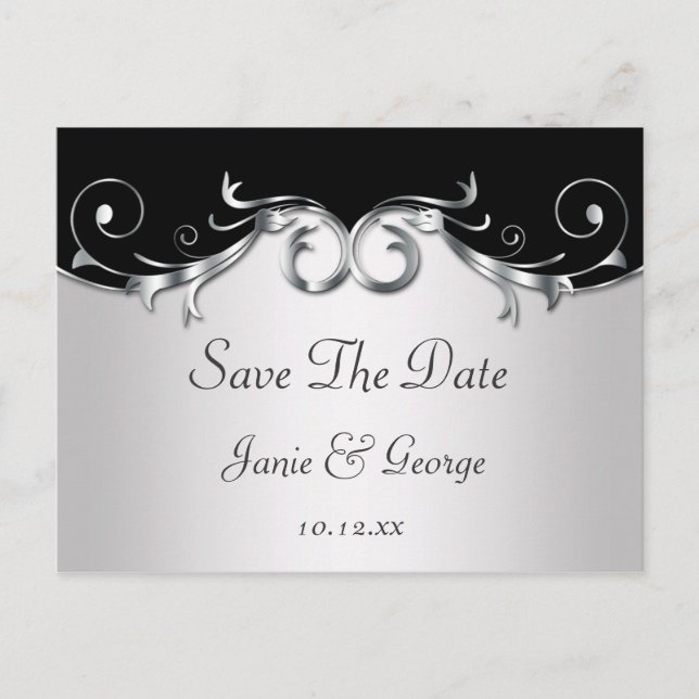 Ornate Black and Silver Swirls Save The Date Announcement Postcard (Front)