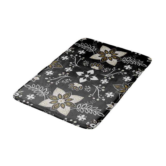 Ornate black and white floral pattern  bath mat (Angled)