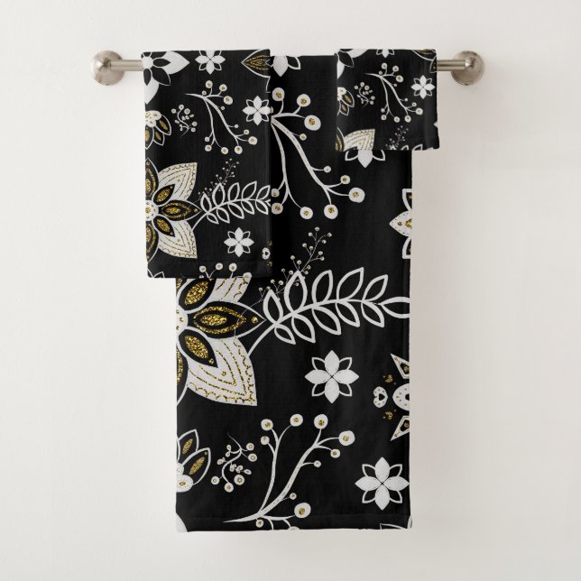 Ornate black and white floral pattern  bath towel set (Insitu)