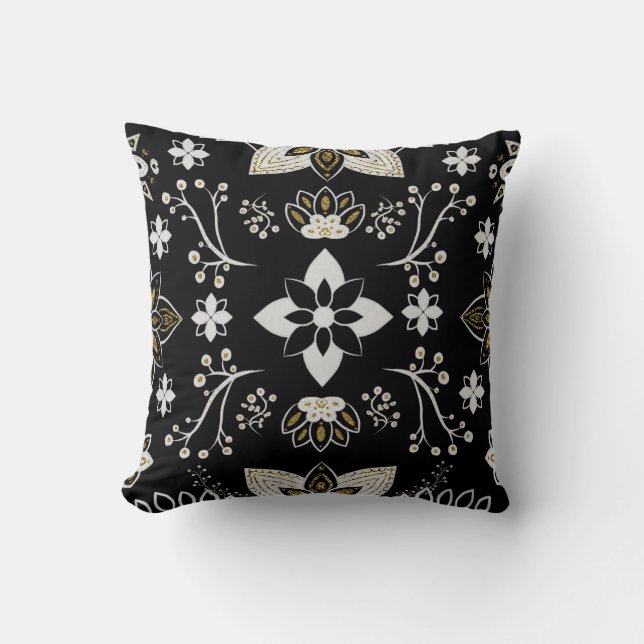Ornate black and white floral pattern  cushion (Front)
