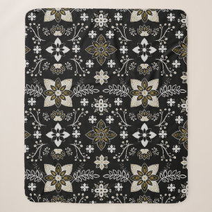 Ornate black and white floral pattern sherpa blanket