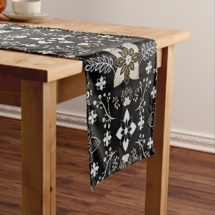 Ornate black and white floral pattern short table runner