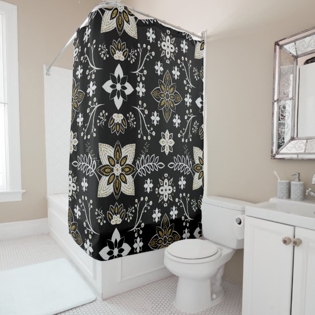 Ornate black and white floral pattern  shower curtain (In Situ)