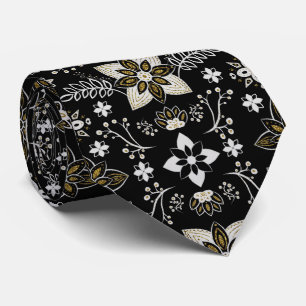 Ornate black and white floral pattern tie
