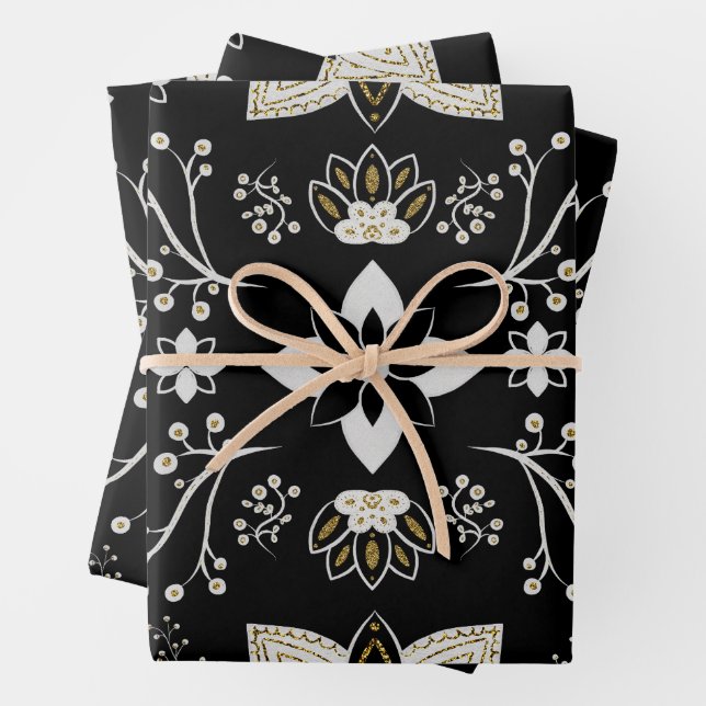 Ornate black and white floral pattern  wrapping paper sheet (In situ)