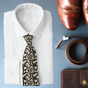 Ornate Black Beige Scroll Pattern Tie