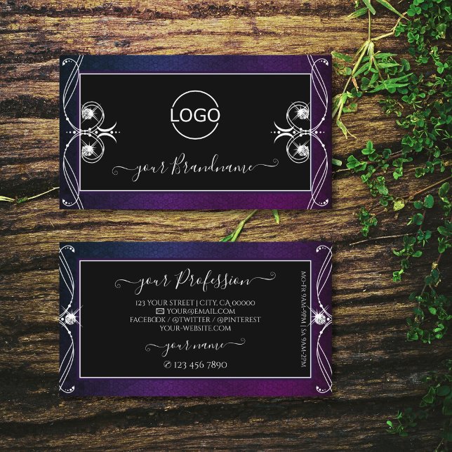 Ornate Black Blue Purple Sparkle Diamonds Add Logo Business Card (Creator Uploaded)