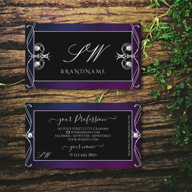 Ornate Black Blue Purple Sparkle Diamonds Initials Business Card (Creator Uploaded)