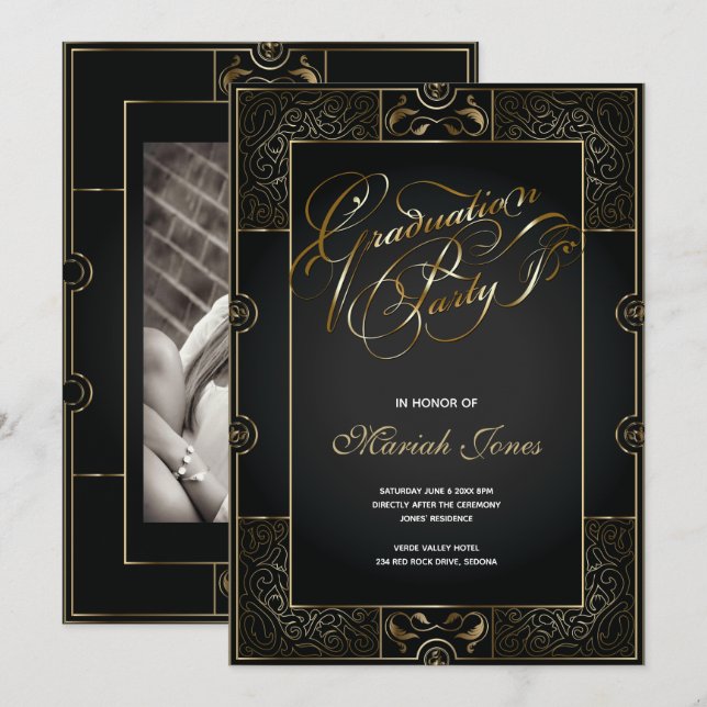 Ornate Black/Gold Art Deco GRADUATION  Invitation (Front/Back)