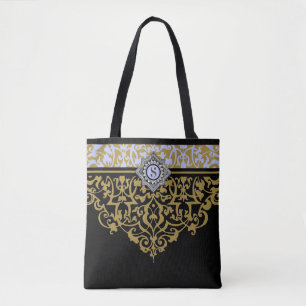 Ornate Black & Gold Customisable Monogram Tote