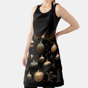 ORNATE BLACK & GOLD HOLIDAY CHRISTMAS ORNAMENTS APRON