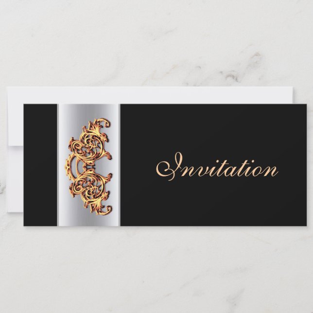 Ornate Black gold swirl classy wedding invitation (Front)
