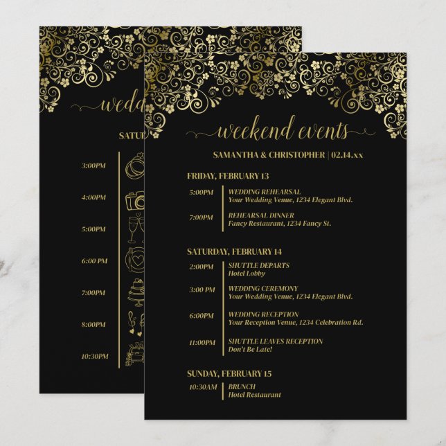 Ornate Black & Gold Wedding Events & Timeline Programme (Front/Back)