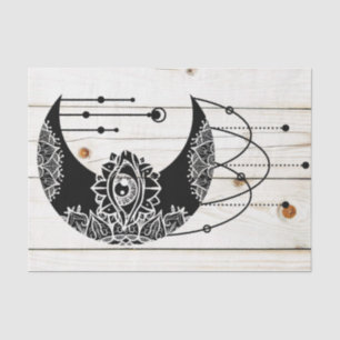 Ornate black moon eye mandala faded wood planks tissue paper