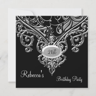 Ornate Black Silver Jewel 21st Elegant Birthday 2 Invitation
