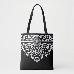 Ornate Black & White Customisable Monogram Tote Bag