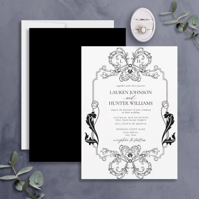 Ornate Black White Floral Line Art Monogram Invitation (Creator Uploaded)
