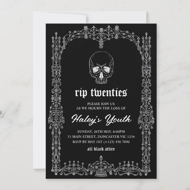 Ornate Black White RIP Twenties 20s 30th Birthday Invitation (Front)