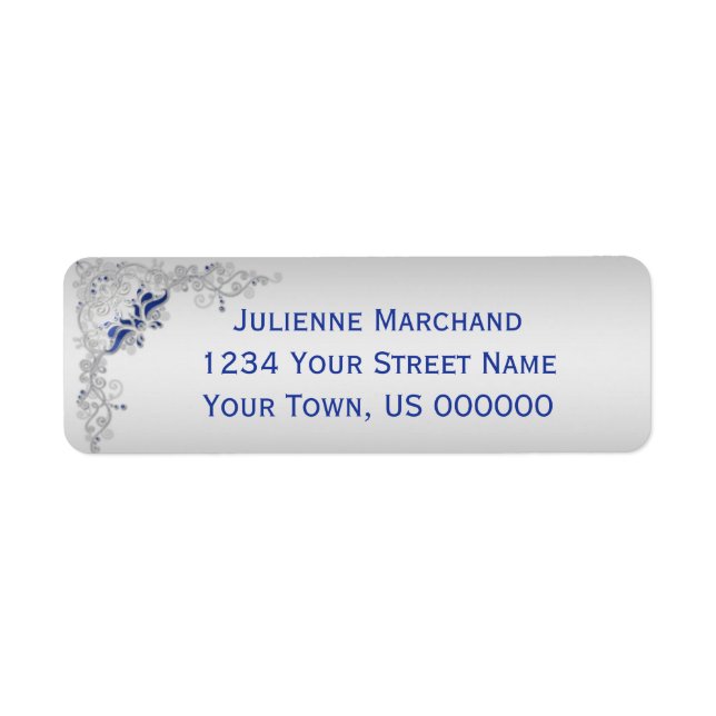 Ornate Blue and Silver Floral Address Label (Front)