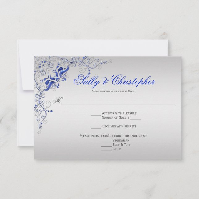 Ornate Blue and Silver floral Swirls RSVP Card (Front)