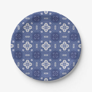 Ornate blue and white floral tile pattern paper plate