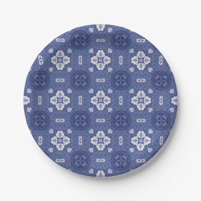 Ornate blue and white floral tile pattern  paper plate (Front)