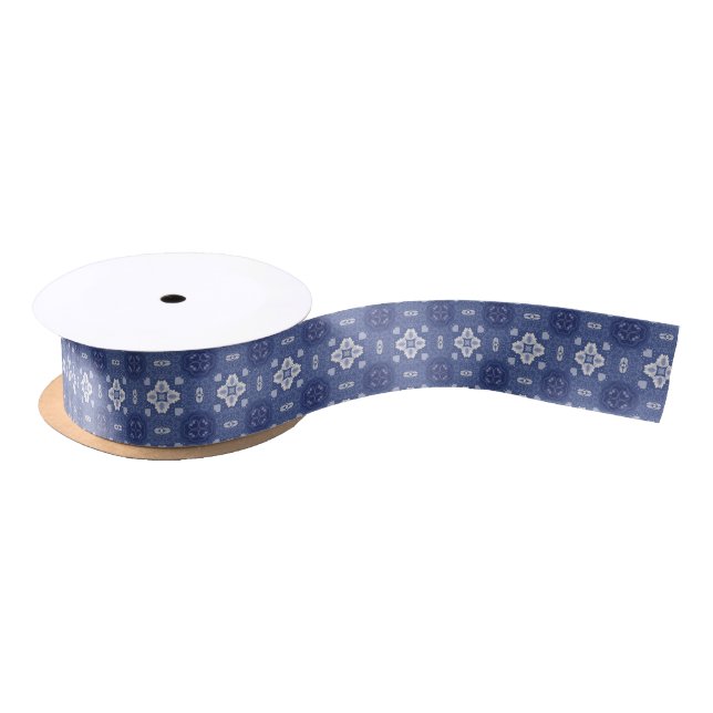 Ornate blue and white floral tile pattern  satin ribbon (Spool)
