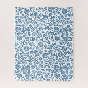 Ornate Blue and White Floral Vines Pattern Jigsaw Puzzle