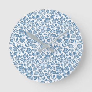 Ornate Blue and White Floral Vines Pattern Round Clock