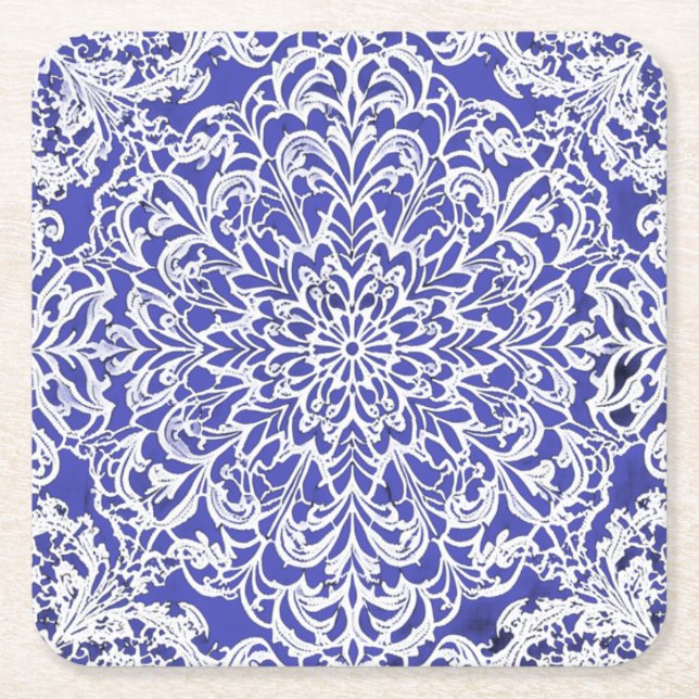 Ornate Blue and White Paper Coasters (Front)