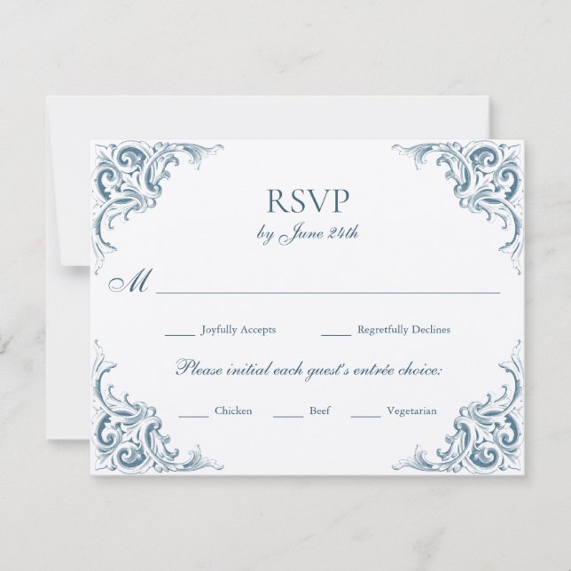 Ornate Blue Baroque Borders Meal Choice RSVP Card (Front)