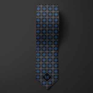 Ornate Blue & Black Arabesque Monogram Tie
